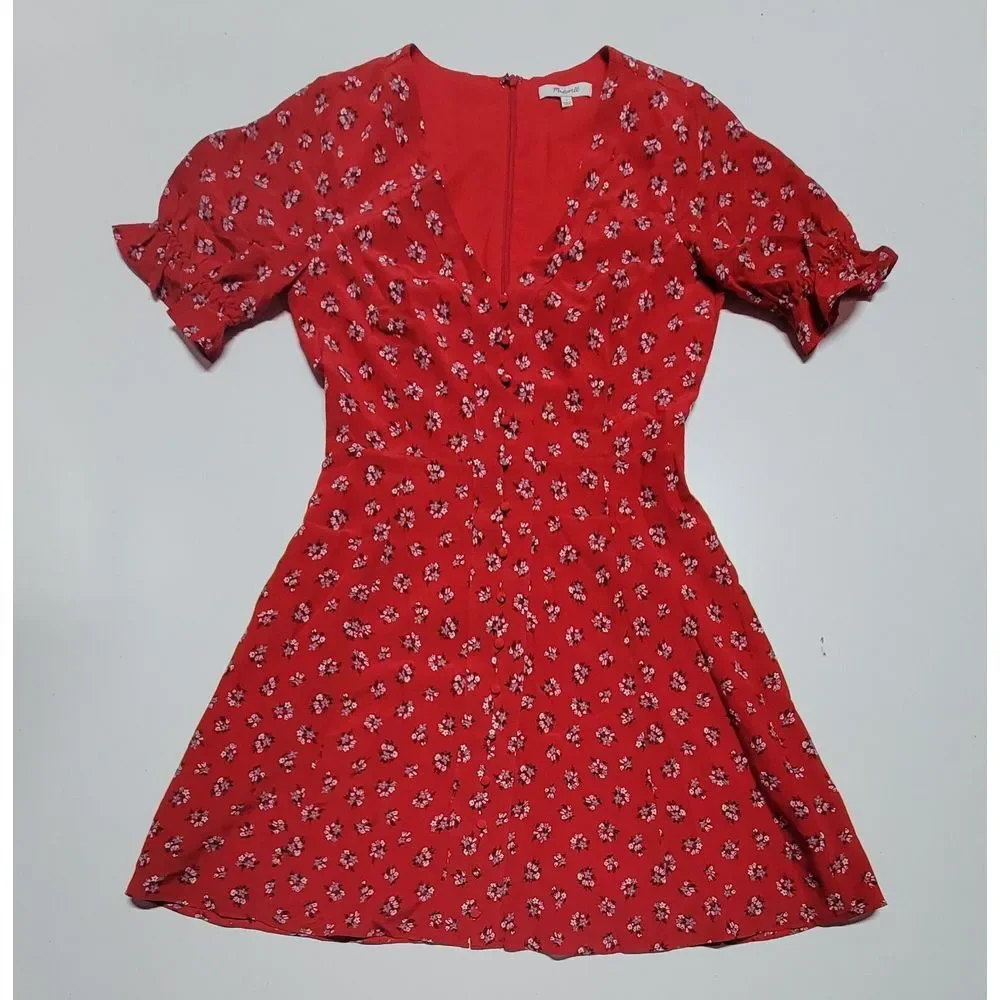 Madewell Red Silk Little Lilies Button‎ Front Ruffle Sleeve Short Dress Size 2